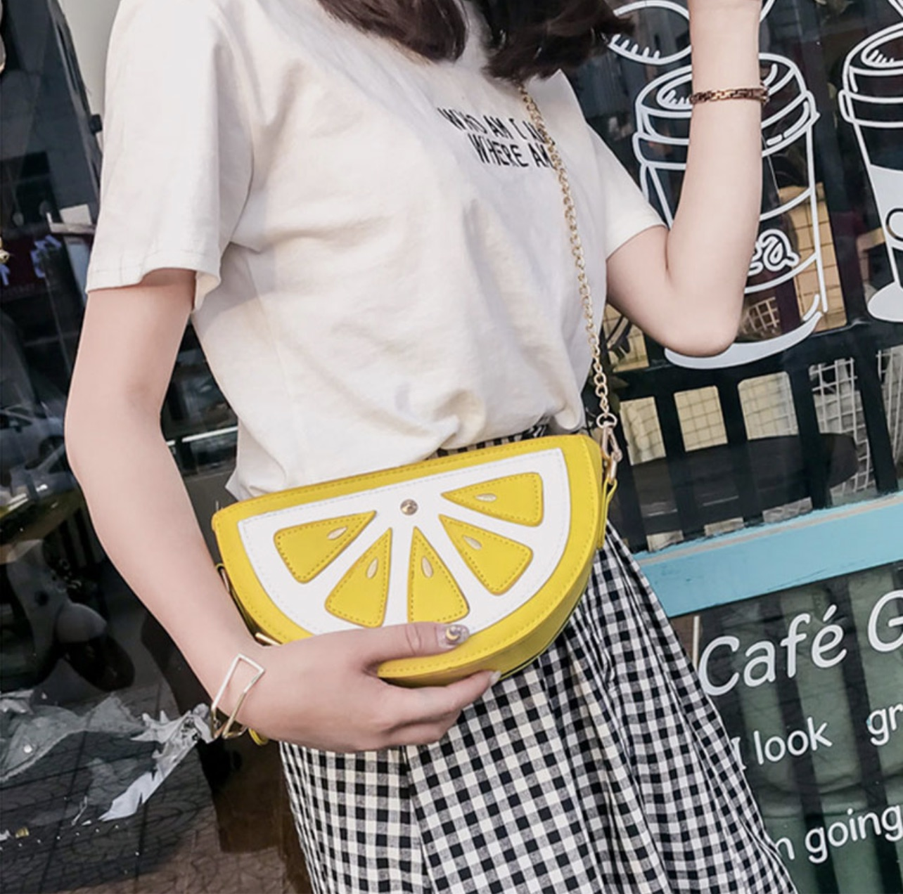 Watermelon and lemon shoulder bag.