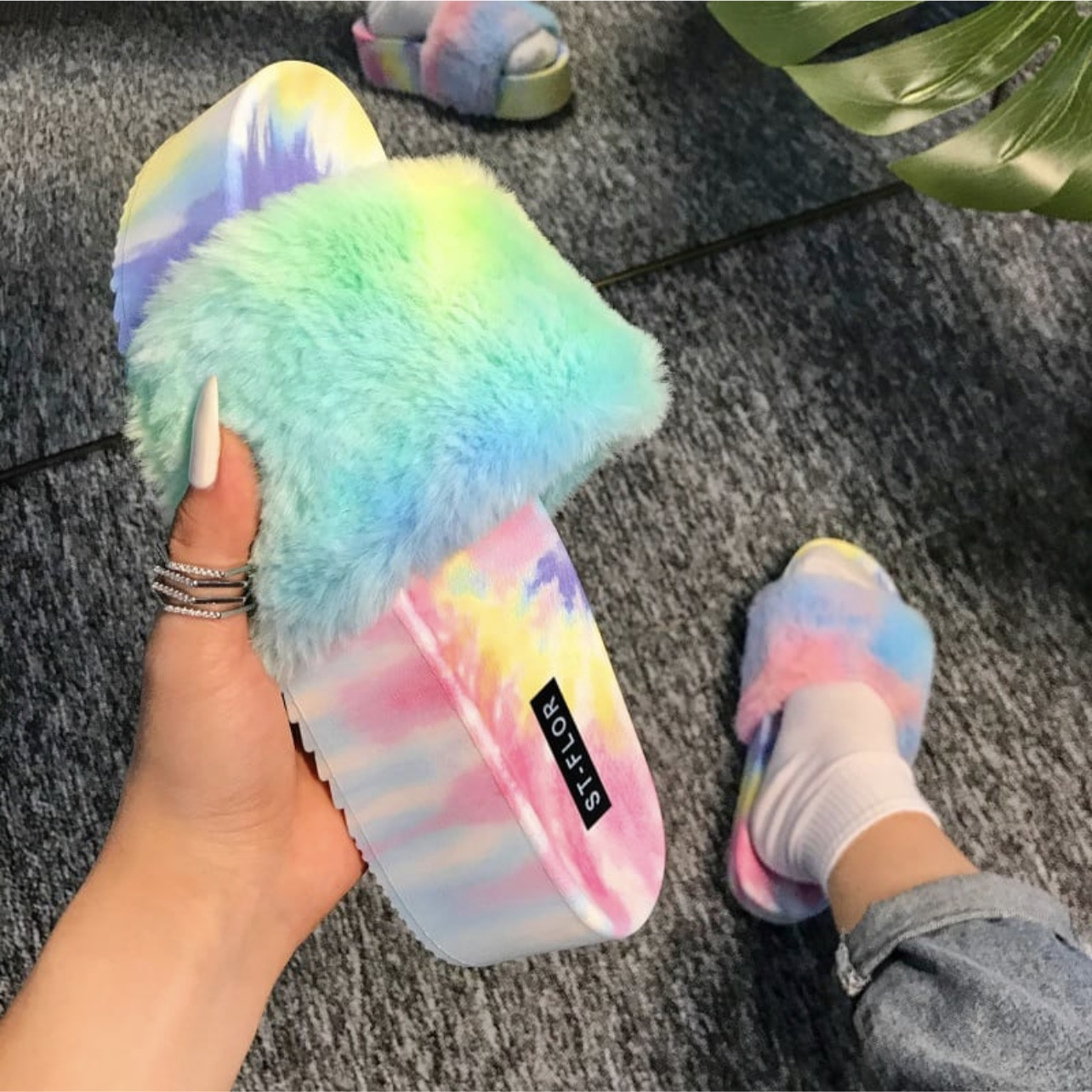 Multicolor plush platform slippers