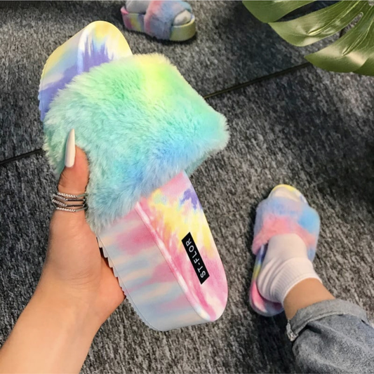 Multicolor plush platform slippers