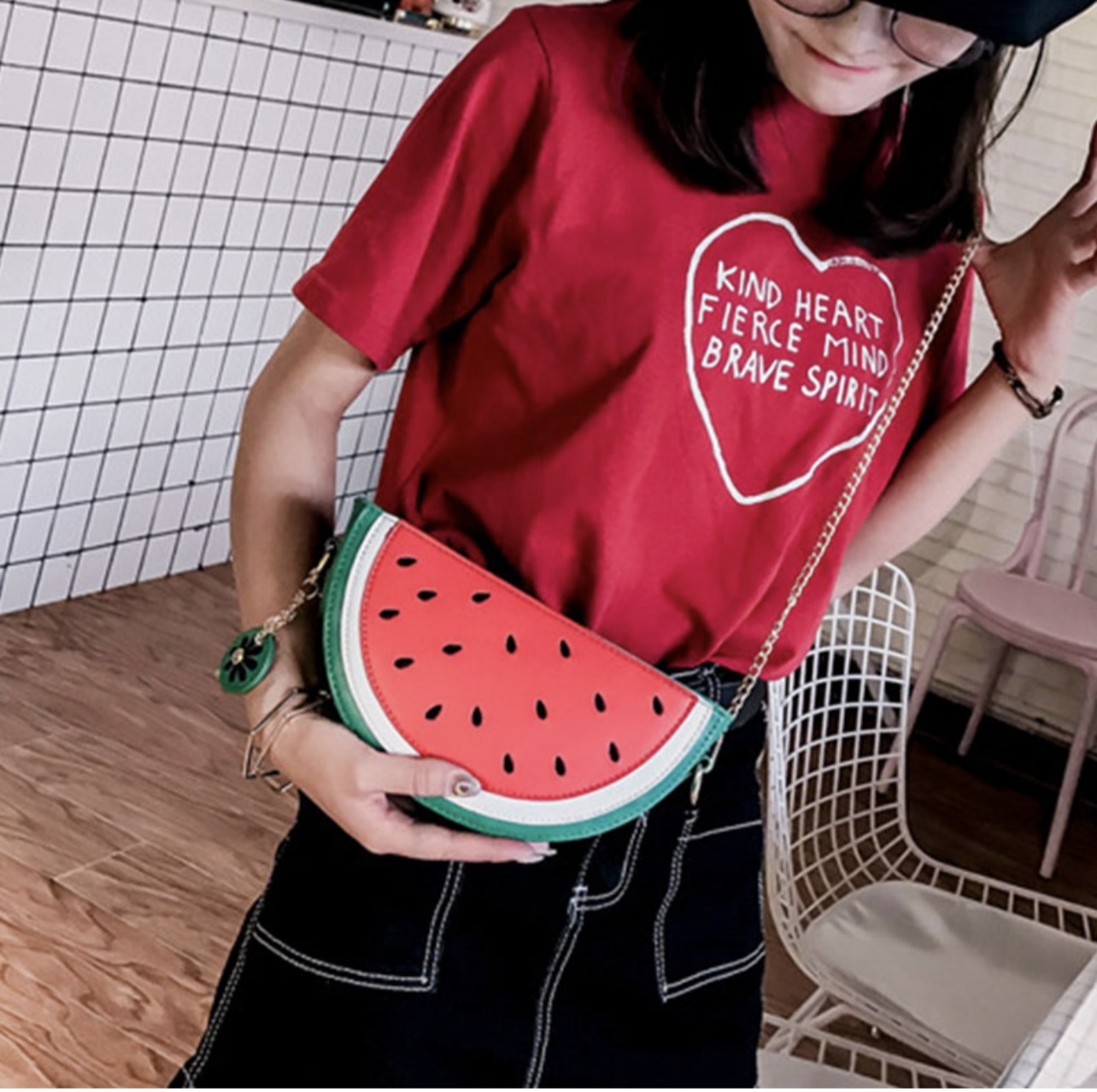 Watermelon and lemon shoulder bag.