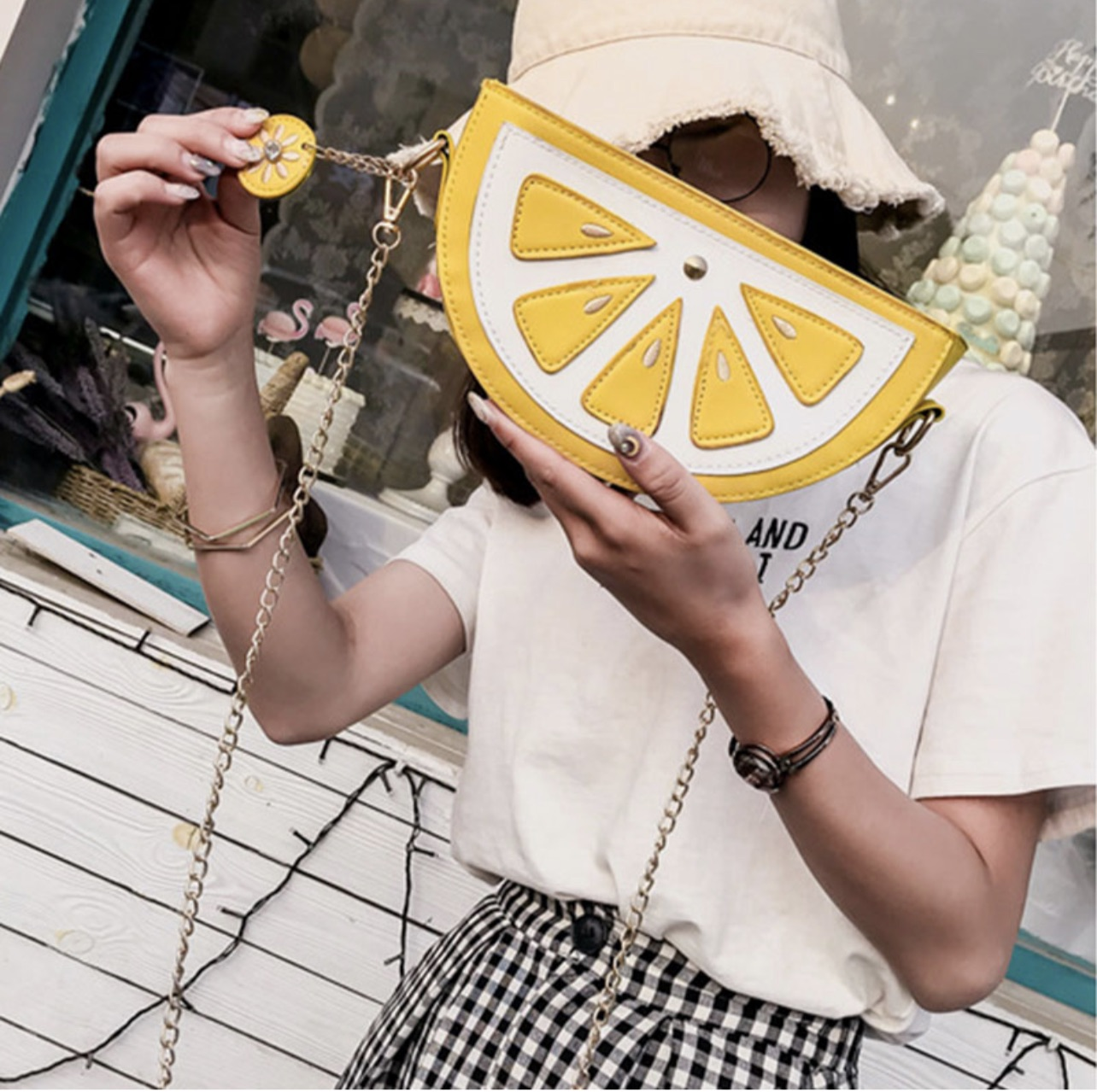 Watermelon and lemon shoulder bag.