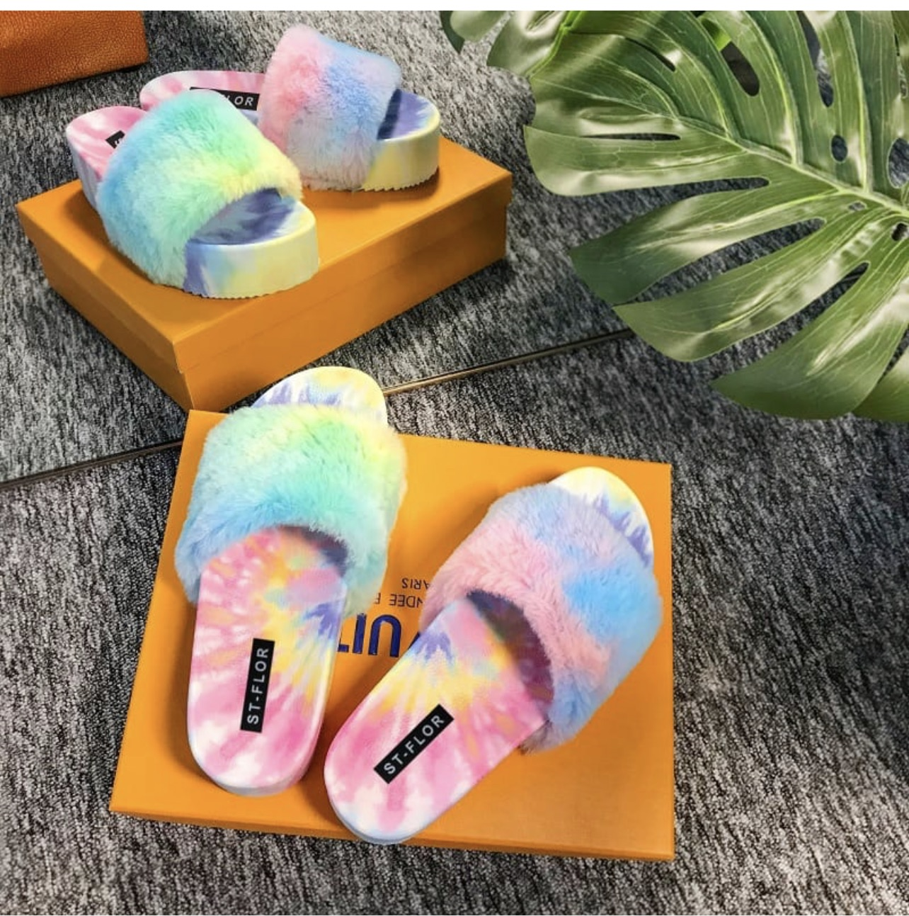 Multicolor plush platform slippers